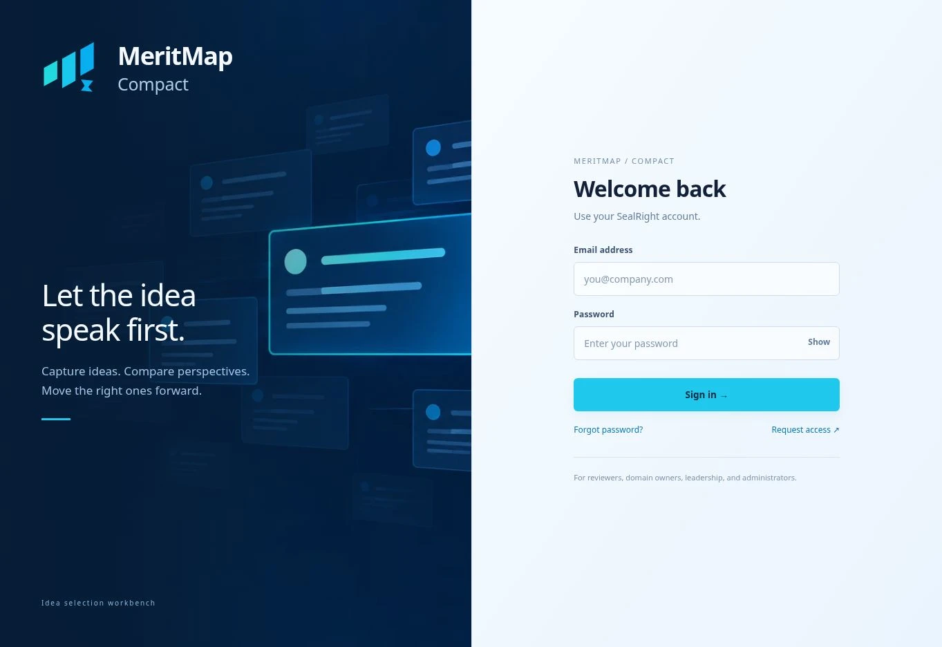 MeritMap Compact sign-in page with its logo, digital data artwork, and equal-width login form