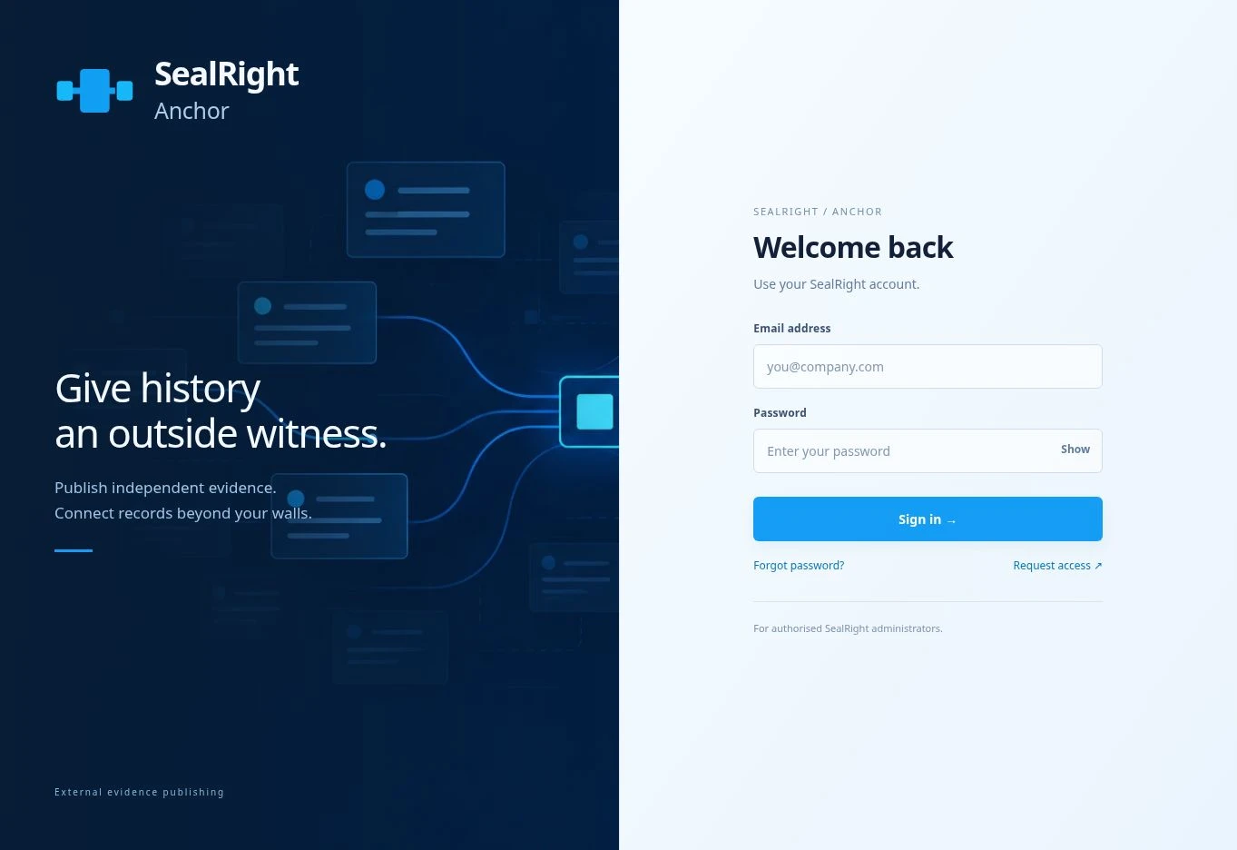 SealRight Anchor sign-in page with its logo, digital data artwork, and equal-width login form