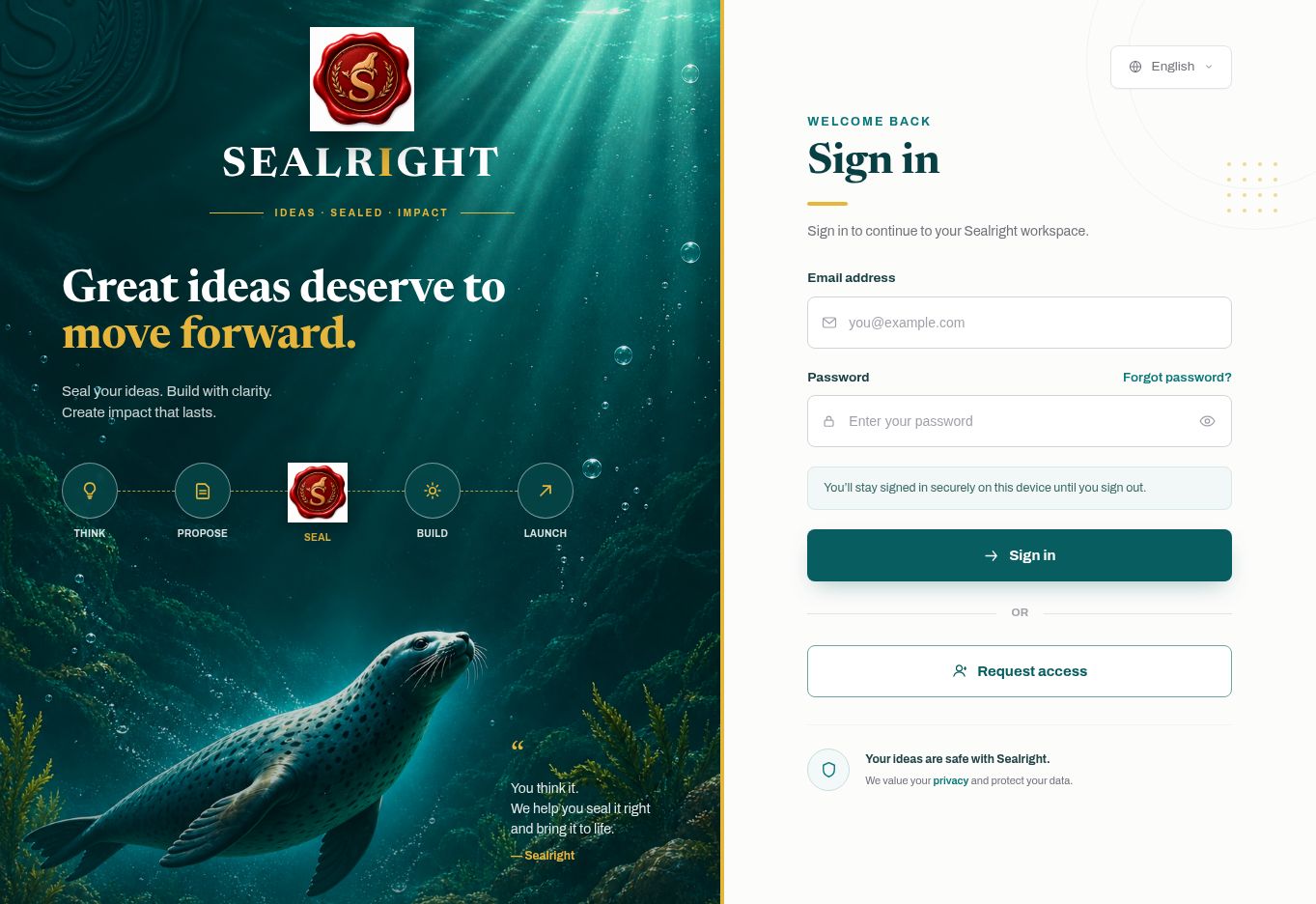 SealRight login page with underwater seal artwork and sign-in form
