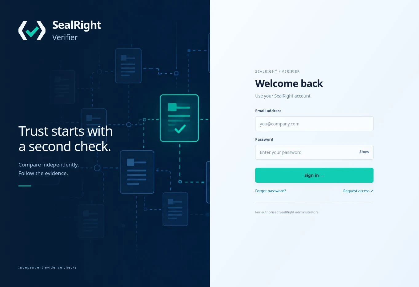 SealRight Verifier sign-in page with its logo, digital data artwork, and equal-width login form