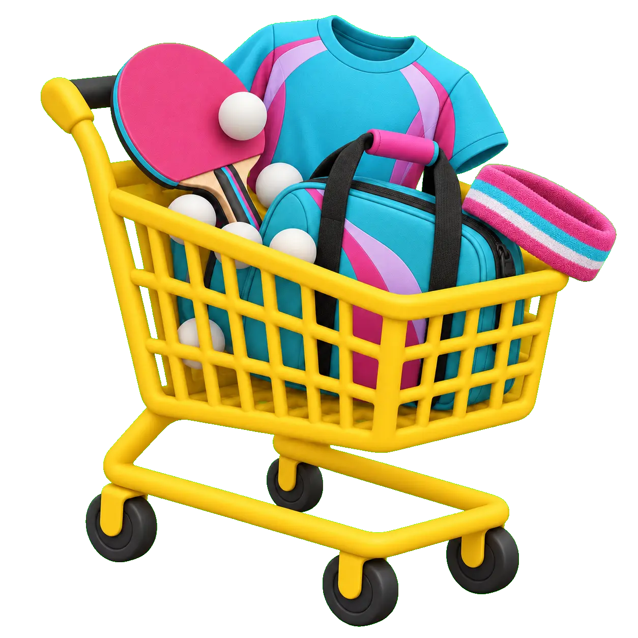 Yellow shopping cart filled with colourful table tennis equipment
